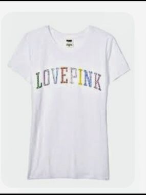 PINK Victoria's Secret White Short Sleeve Tee with Rainbow 'LOVE PINK' Graphic